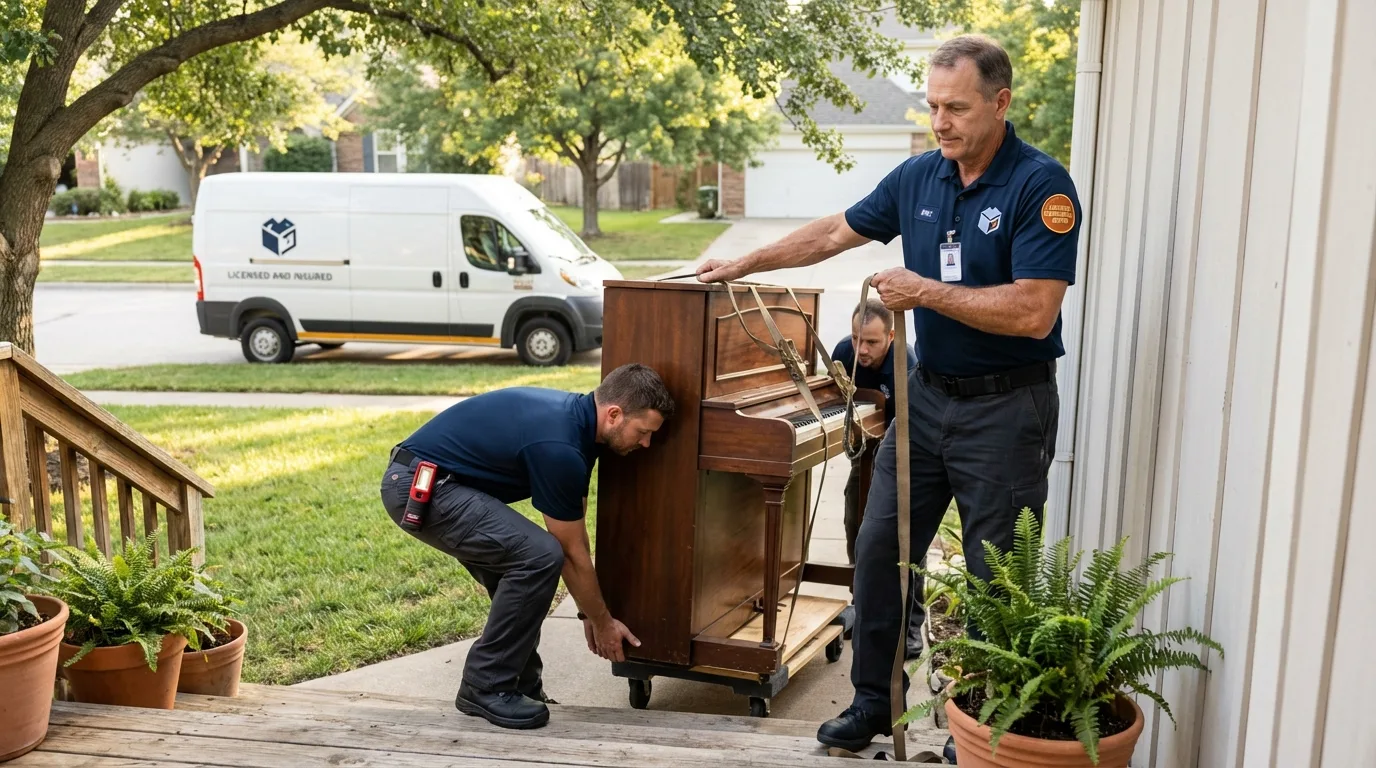 Licensed piano movers securing grand piano in Carroll, IA