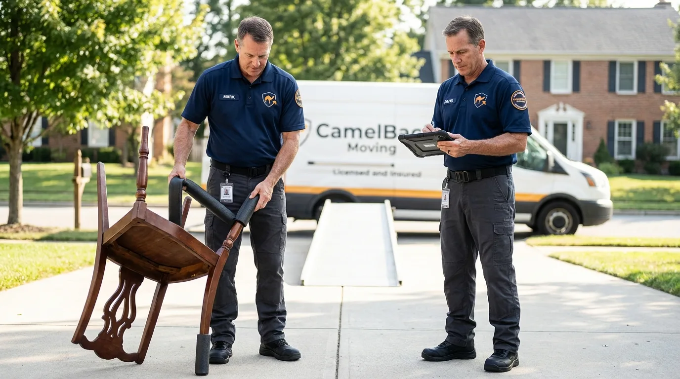 Movers inspecting furniture for damage prevention before loading in Carroll, IA