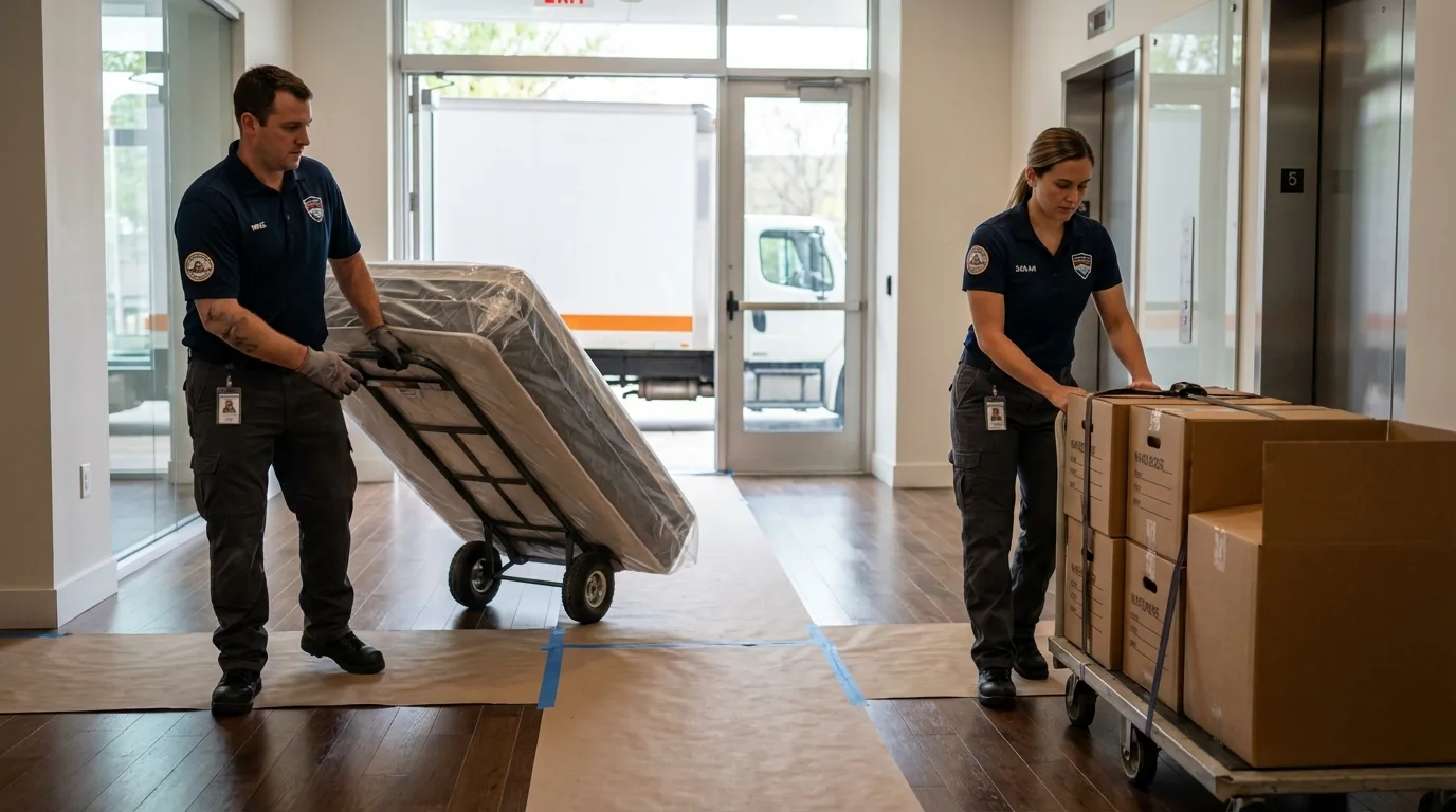 Professional apartment movers loading elevator in Carroll, IA