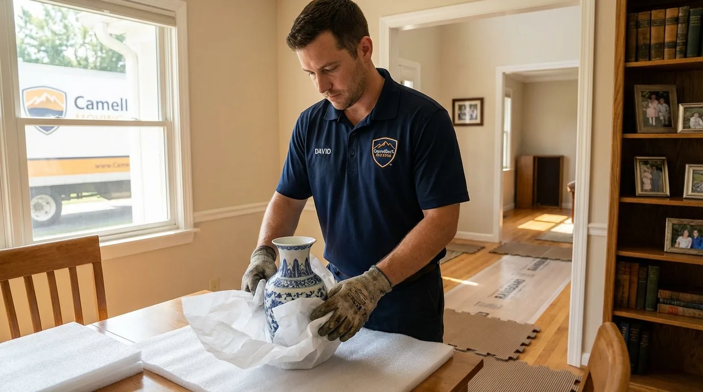 Professional crew carefully wrapping antique vase for senior downsizing move in Carroll, IA
